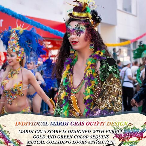 Shihanee 8 Pcs Mardi Gras Costume Accessories Set Shawl Scarf Headband Mask Feather Boa Bead Necklace Earrings for Women in Kuwait