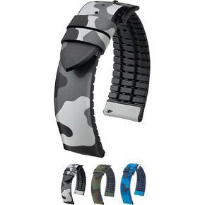Hirsch John Leather Watch Strap - Camo Camouflage - Caoutchouc Performance Core - Water Resistant Natural Rubber - 20mm, 22mm - Blue, Green, Grey - Quick Release Watch Band