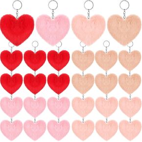 Ferreve 24 Pcs Heart Pom Pom Keychains Fluffy Colored Pom Pom Keychain Bulk for Valentine's Day and Girls in Saudi Arabia