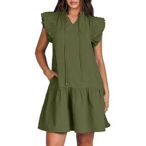 ANRABESS Womens Summer V-Neck Drawstring Ruffle Cap Short Sleeve Casual Shift Mini Dress with Pockets