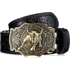 Photect Western Leather Buckle Belts Cowboy Longhorn Bull Buckle Belt Floral Embossed Cowboy Belts for Men, 1.5 Inch Wide
