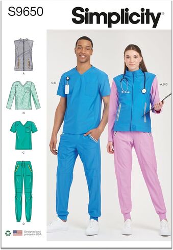 Simplicity Unisex Knit Scrubs Sewing Pattern Kit, Code S9650, Sizes XXS-XS-S-M-L-XL-XXL, Multicolor in Saudi Arabia