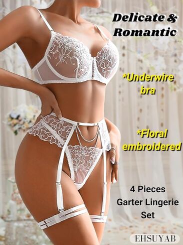 EHSUYAB 4 قطع ملابس داخلية مثيرة، تطريز زهور، أشرطة من حجر الراين، حزام رباط in Kuwait