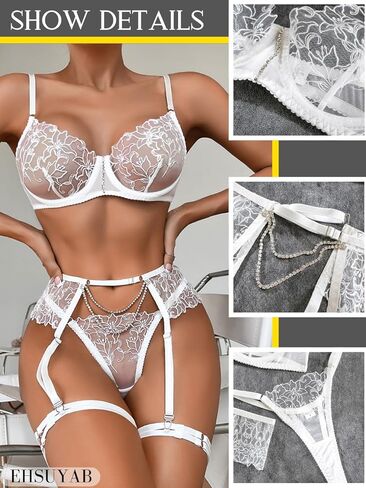 EHSUYAB 4 قطع ملابس داخلية مثيرة، تطريز زهور، أشرطة من حجر الراين، حزام رباط in Kuwait