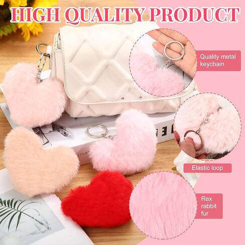 Ferreve 24 Pcs Heart Pom Pom Keychains Fluffy Colored Pom Pom Keychain Bulk for Valentine's Day and Girls in Saudi Arabia