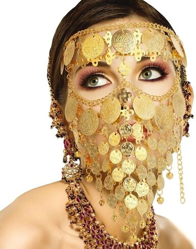 COYLINK Lady Belly Dance Jewelry Coin Veil, Luxurious Elegant Gold Jewelry Veil Face Chain Mask for Dance, Carnival, Halloween Party Cosplay Accessory, Adjustable Fit Size in Kuwait