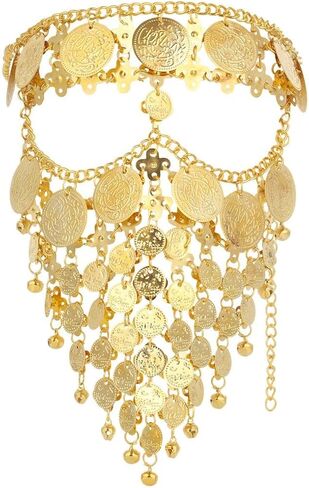 COYLINK Lady Belly Dance Jewelry Coin Veil, Luxurious Elegant Gold Jewelry Veil Face Chain Mask for Dance, Carnival, Halloween Party Cosplay Accessory, Adjustable Fit Size in Kuwait