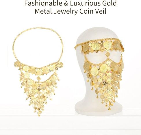 COYLINK Lady Belly Dance Jewelry Coin Veil, Luxurious Elegant Gold Jewelry Veil Face Chain Mask for Dance, Carnival, Halloween Party Cosplay Accessory, Adjustable Fit Size in Kuwait