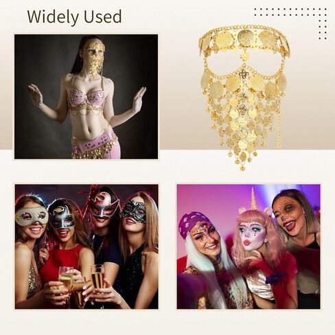 COYLINK Lady Belly Dance Jewelry Coin Veil, Luxurious Elegant Gold Jewelry Veil Face Chain Mask for Dance, Carnival, Halloween Party Cosplay Accessory, Adjustable Fit Size in Kuwait