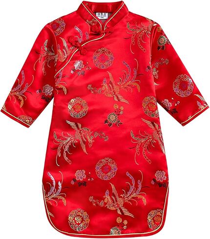 Girls Qipao Peony Long Sleeve Dress Chinese New Year Clothing Chinese Traditional Clothes for Kids Toddler 1-12Y in Saudi Arabia