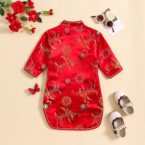 Girls Qipao Peony Long Sleeve Dress Chinese New Year Clothing Chinese Traditional Clothes for Kids Toddler 1-12Y in Saudi Arabia