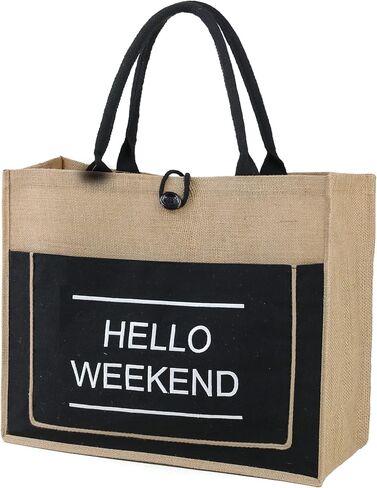 BeeGreen Beach Jute Tote Bag Large 16.7'' x 12.2'' x 6.3'' Embroidery Hello Weekend Burlap Beach Gift Bag for Women Inner Zipper Pocket Personalized Tote Bag with Canvas Front Pocket for Mom Friends in Saudi Arabia