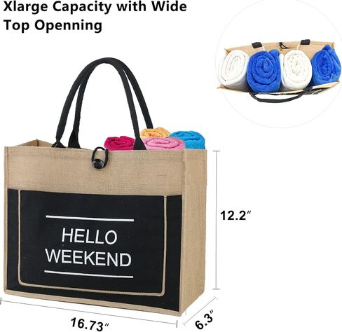 BeeGreen Beach Jute Tote Bag Large 16.7'' x 12.2'' x 6.3'' Embroidery Hello Weekend Burlap Beach Gift Bag for Women Inner Zipper Pocket Personalized Tote Bag with Canvas Front Pocket for Mom Friends in Saudi Arabia