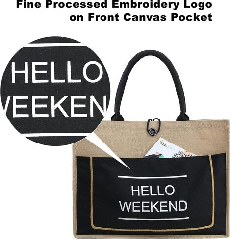 BeeGreen Beach Jute Tote Bag Large 16.7'' x 12.2'' x 6.3'' Embroidery Hello Weekend Burlap Beach Gift Bag for Women Inner Zipper Pocket Personalized Tote Bag with Canvas Front Pocket for Mom Friends in Saudi Arabia