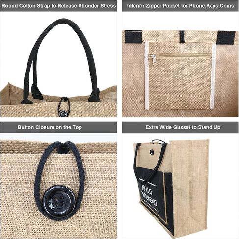 BeeGreen Beach Jute Tote Bag Large 16.7'' x 12.2'' x 6.3'' Embroidery Hello Weekend Burlap Beach Gift Bag for Women Inner Zipper Pocket Personalized Tote Bag with Canvas Front Pocket for Mom Friends in Saudi Arabia