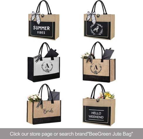 BeeGreen Beach Jute Tote Bag Large 16.7'' x 12.2'' x 6.3'' Embroidery Hello Weekend Burlap Beach Gift Bag for Women Inner Zipper Pocket Personalized Tote Bag with Canvas Front Pocket for Mom Friends in Saudi Arabia