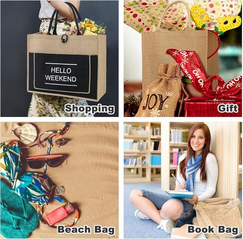 BeeGreen Beach Jute Tote Bag Large 16.7'' x 12.2'' x 6.3'' Embroidery Hello Weekend Burlap Beach Gift Bag for Women Inner Zipper Pocket Personalized Tote Bag with Canvas Front Pocket for Mom Friends in Saudi Arabia