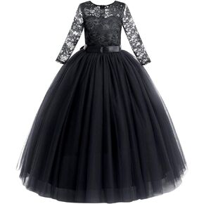Flower Girls Long Lace Bridesmaid Dress 3/4 Sleeves Floor Length Wedding Party Evening Formal Pegeant Maxi Tulle Ball Gowns