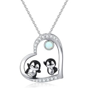 925 Sterling Silver Penguin Pendant Necklace for Women Two Dancing Penguin Necklace with White Opal Cute Animal Jewelry for Birthday Christmas in Kuwait