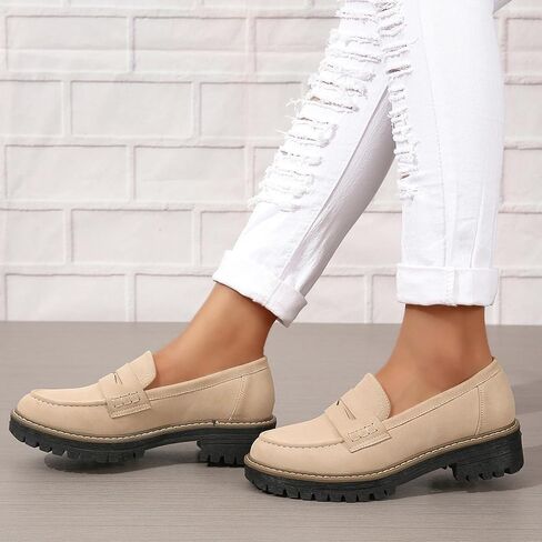Womens Loafers Slip On Casual Chunky Platform Heel Loafers Classic Penny Dressy Comfy Business Work Shoes Green Beige Black Red US5-11 in Kuwait