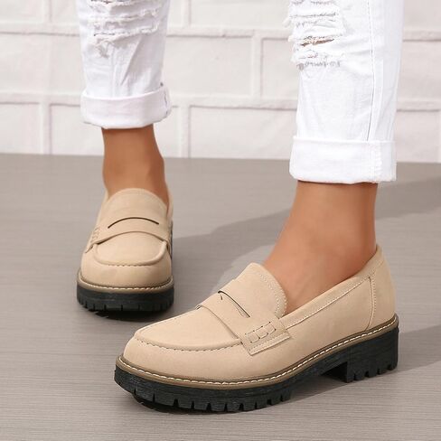 Womens Loafers Slip On Casual Chunky Platform Heel Loafers Classic Penny Dressy Comfy Business Work Shoes Green Beige Black Red US5-11 in Kuwait