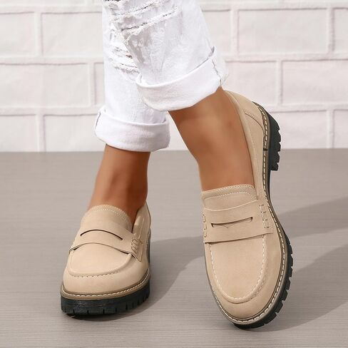 Womens Loafers Slip On Casual Chunky Platform Heel Loafers Classic Penny Dressy Comfy Business Work Shoes Green Beige Black Red US5-11 in Kuwait