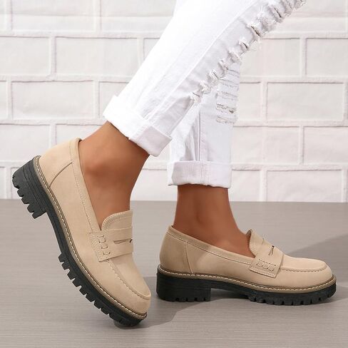 Womens Loafers Slip On Casual Chunky Platform Heel Loafers Classic Penny Dressy Comfy Business Work Shoes Green Beige Black Red US5-11 in Kuwait