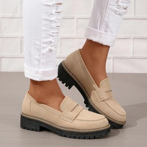 Womens Loafers Slip On Casual Chunky Platform Heel Loafers Classic Penny Dressy Comfy Business Work Shoes Green Beige Black Red US5-11 in Kuwait