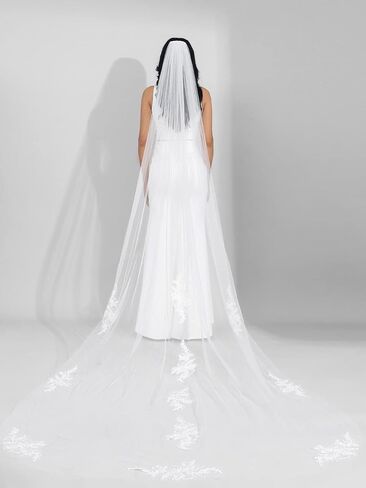 هيريد دانتيل العروس طرحة زفاف بيضاء طويلة كاتدرائية مصلى 1 طبقة طول الزفاف تول إكسسوارات الشعر مع مشط للنساء والفتيات in Kuwait