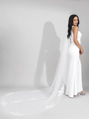 هيريد دانتيل العروس طرحة زفاف بيضاء طويلة كاتدرائية مصلى 1 طبقة طول الزفاف تول إكسسوارات الشعر مع مشط للنساء والفتيات in Kuwait