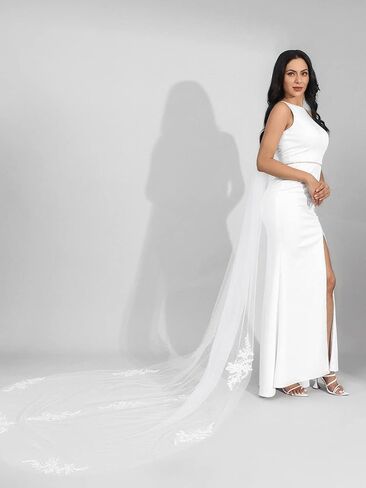 هيريد دانتيل العروس طرحة زفاف بيضاء طويلة كاتدرائية مصلى 1 طبقة طول الزفاف تول إكسسوارات الشعر مع مشط للنساء والفتيات in Kuwait