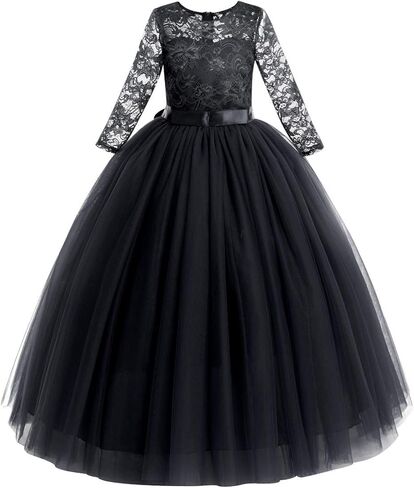 Flower Girls Long Lace Bridesmaid Dress 3/4 Sleeves Floor Length Wedding Party Evening Formal Pegeant Maxi Tulle Ball Gowns in Saudi Arabia