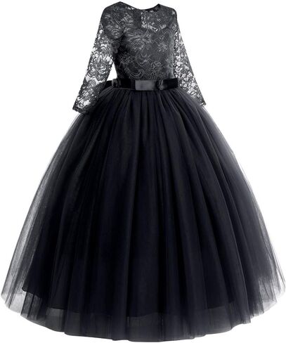 Flower Girls Long Lace Bridesmaid Dress 3/4 Sleeves Floor Length Wedding Party Evening Formal Pegeant Maxi Tulle Ball Gowns in Saudi Arabia