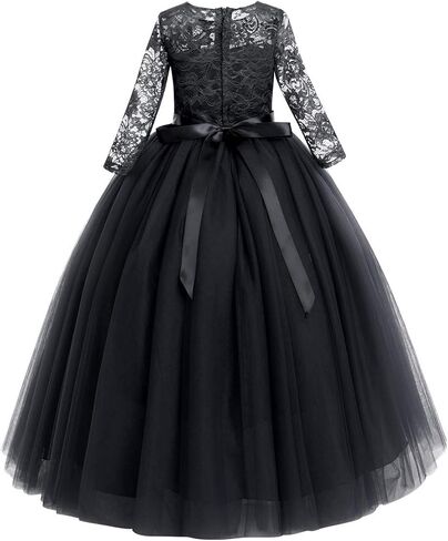 Flower Girls Long Lace Bridesmaid Dress 3/4 Sleeves Floor Length Wedding Party Evening Formal Pegeant Maxi Tulle Ball Gowns in Saudi Arabia