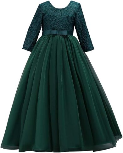 Flower Girls Long Lace Bridesmaid Dress 3/4 Sleeves Floor Length Wedding Party Evening Formal Pegeant Maxi Tulle Ball Gowns in Saudi Arabia