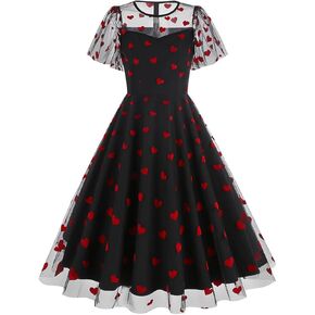 EFOGEP 1950s Dress Vintage Floral Embroidery 50s Dresses for Women Mesh Illusion Cocktail Swing Dress Retro Prom Dress
