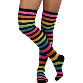 ToBeInStyle Women’s Bright Vibrant Rainbow Striped Thigh High Rave Stockings