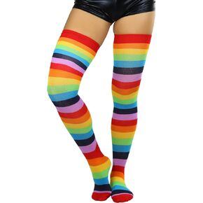 ToBeInStyle Women’s Bright Vibrant Rainbow Striped Thigh High Rave Stockings in Kuwait