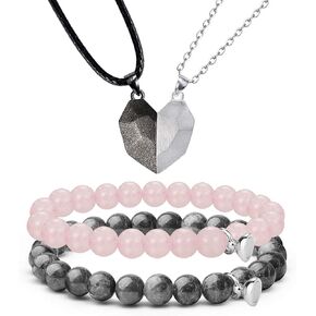 EIELO 4Pcs Couples Bracelet Necklace Set Matching His and Hers Promise Love Heart Pendant Necklace Bracelet for Couples Long Distance Relationship Natural Stone Bead Couple Jewelry