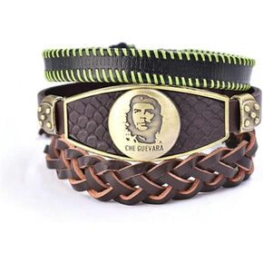 Bigbabybig Pack 3 Che Guevara Bracelet for Men Engraving Women Real Leather Braided Cuff Wrap Wristband Adjustable Beads Wave Biker Surfer Religious Brwon Male Son Boy BFF Bracelets Gifts in Kuwait