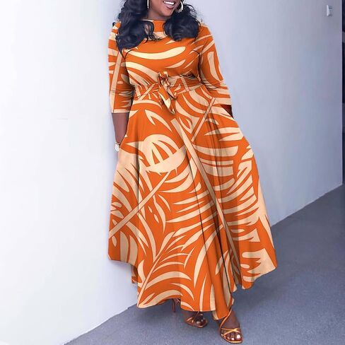 BFFBABY Women's Wrap V Neck Plus Size Maxi Dresses 3/4 Sleeves Chain Floral Printed Swing Dress with Belt in Saudi Arabia