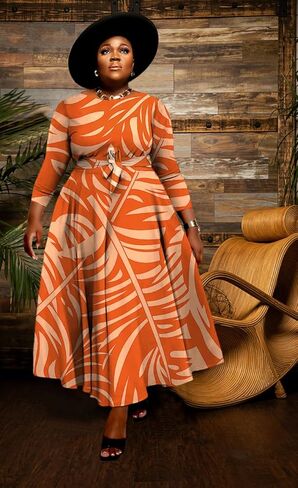 BFFBABY Women's Wrap V Neck Plus Size Maxi Dresses 3/4 Sleeves Chain Floral Printed Swing Dress with Belt in Saudi Arabia