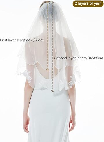 طرحة زفاف من MISSYDRESS مع مشط من طبقتين، حافة صدفية، طول طرف الإصبع 34 بوصة in Kuwait