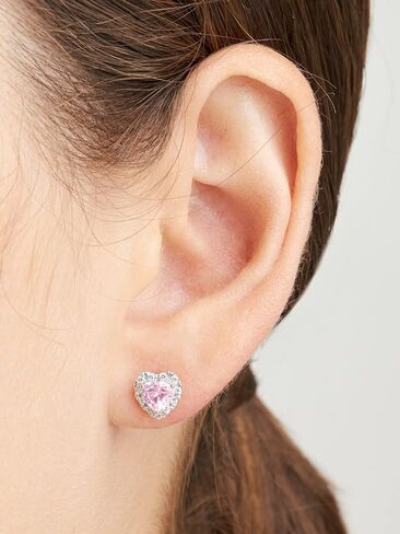 Amazon Essentials 18K Rose Gold Over Sterling Silver Created Pink Sapphire and 1/5th Carat Total Weight Lab Grown Diamond Heart Halo Stud Earrings (previously Amazon Collection) in Saudi Arabia