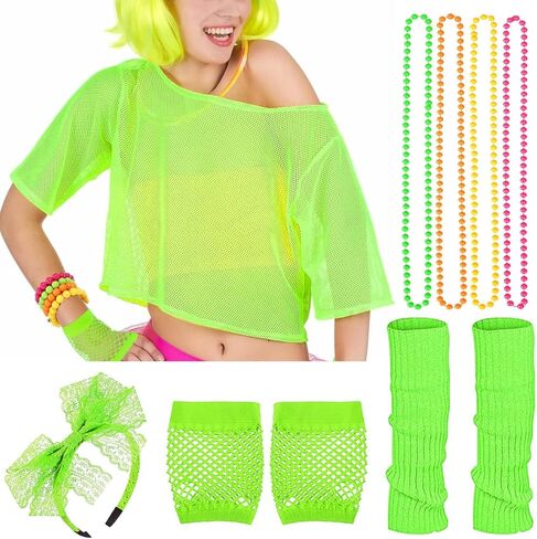 مجموعة إكسسوارات أزياء MOVINPE 80s للنساء تي شيرت شبكي نيون قبالة الكتف عقال قلادة تدفئة الساق قفازات شبكة صيد السمك in Kuwait