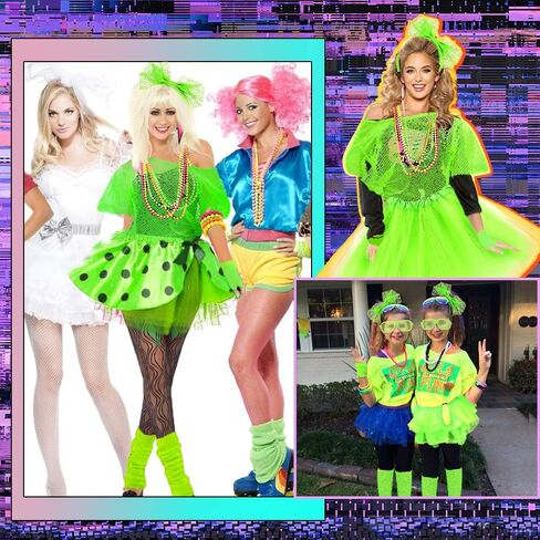 مجموعة إكسسوارات أزياء MOVINPE 80s للنساء تي شيرت شبكي نيون قبالة الكتف عقال قلادة تدفئة الساق قفازات شبكة صيد السمك in Kuwait