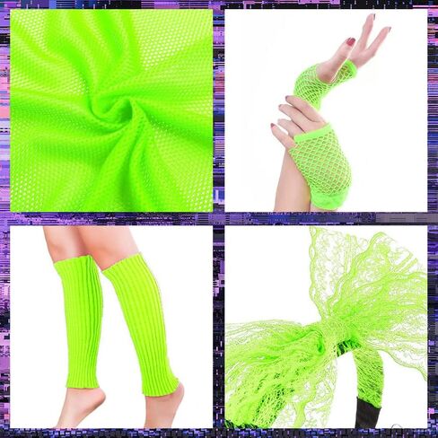 مجموعة إكسسوارات أزياء MOVINPE 80s للنساء تي شيرت شبكي نيون قبالة الكتف عقال قلادة تدفئة الساق قفازات شبكة صيد السمك in Kuwait