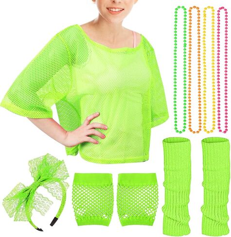 مجموعة إكسسوارات أزياء MOVINPE 80s للنساء تي شيرت شبكي نيون قبالة الكتف عقال قلادة تدفئة الساق قفازات شبكة صيد السمك in Kuwait