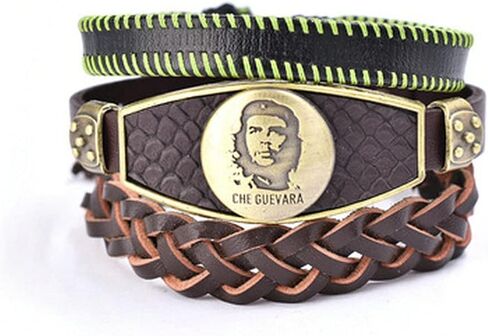 Bigbabybig Pack 3 Che Guevara Bracelet for Men Engraving Women Real Leather Braided Cuff Wrap Wristband Adjustable Beads Wave Biker Surfer Religious Brwon Male Son Boy BFF Bracelets Gifts in Kuwait