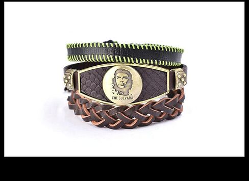 Bigbabybig Pack 3 Che Guevara Bracelet for Men Engraving Women Real Leather Braided Cuff Wrap Wristband Adjustable Beads Wave Biker Surfer Religious Brwon Male Son Boy BFF Bracelets Gifts in Kuwait